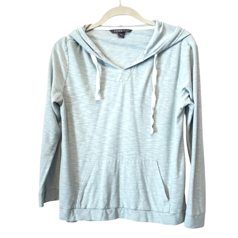 Free Fly Womens Bamboo Slub Hoodie Light Blue V-Neck Long Sleeve Pullover M